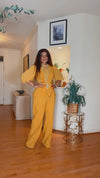 SHORTSLEEVED RHINESTONE PALAZZO PANT SET(MUSTARD)