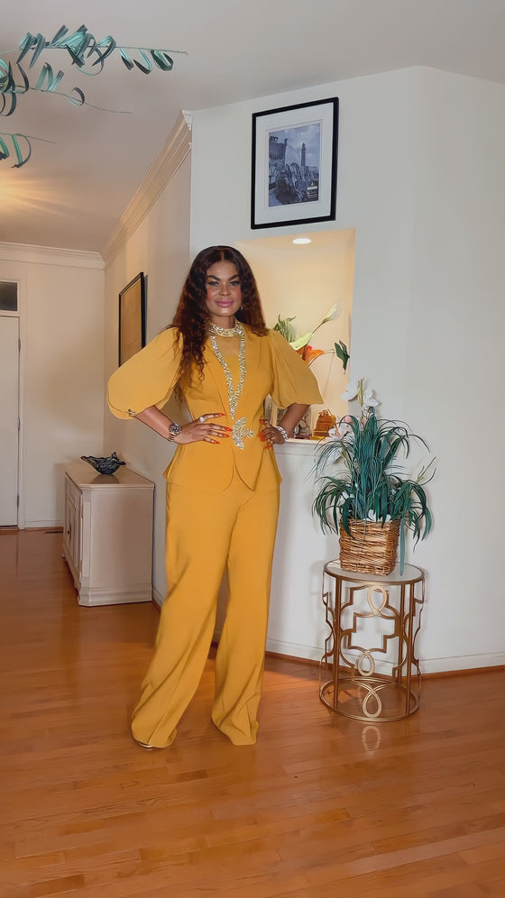 SHORTSLEEVED RHINESTONE PALAZZO PANT SET(MUSTARD)