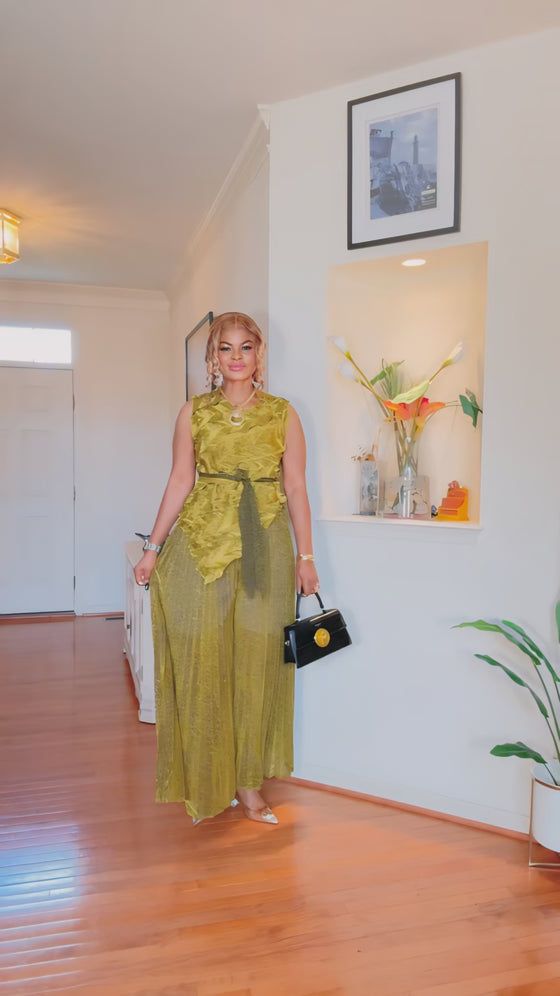 GOLDEN SHIMMER SLEEVELESS TOP/PLEATED PALAZZO PANT SET