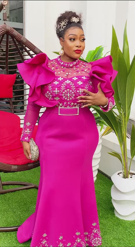 COUTURE DRAMATIC SLEEVES-BELTED DRESS(PINK)