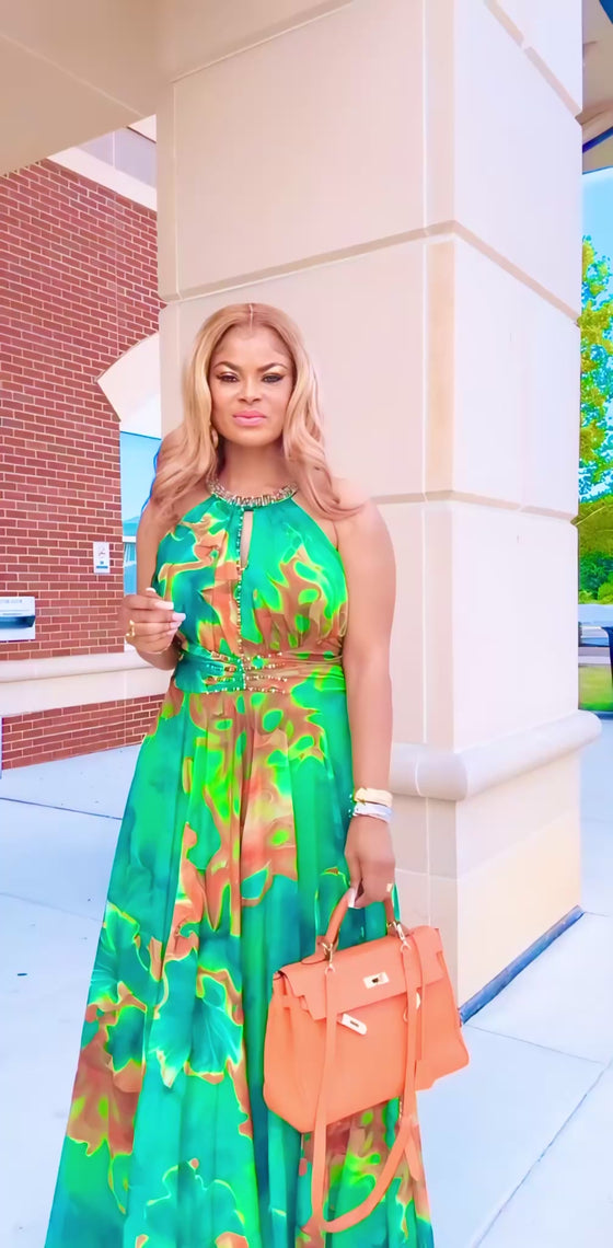 🌿 Green Beaded Halter Maxi Dress