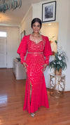 RHINESTONE PUFFY SLEEVES SIDE SLIT MAXI DRESS(RED)