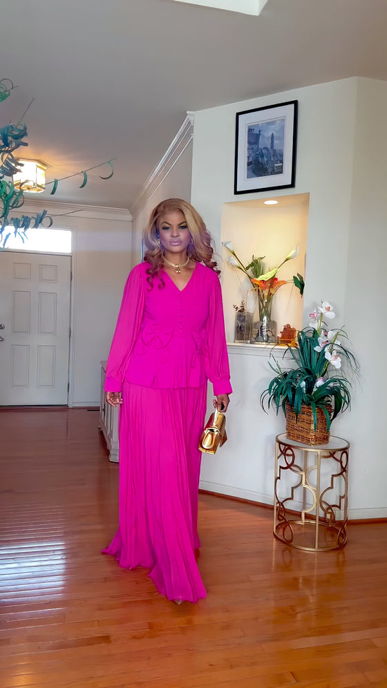 LONGSLEEVE PLEATED MAXI DRESS(PINK)