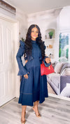 Structured Ruffle Denim Midi Dress