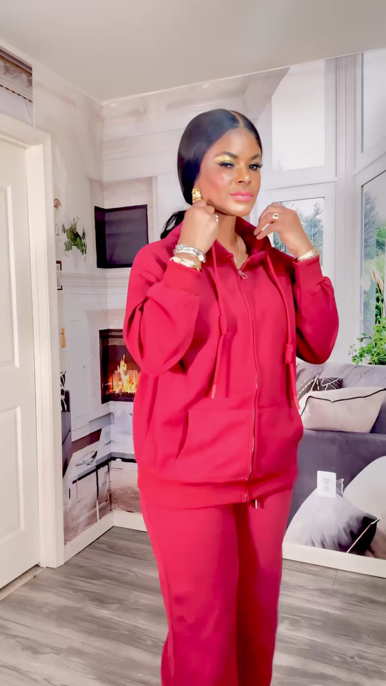 Cozy Zip-Up Jogger Set(Wine)