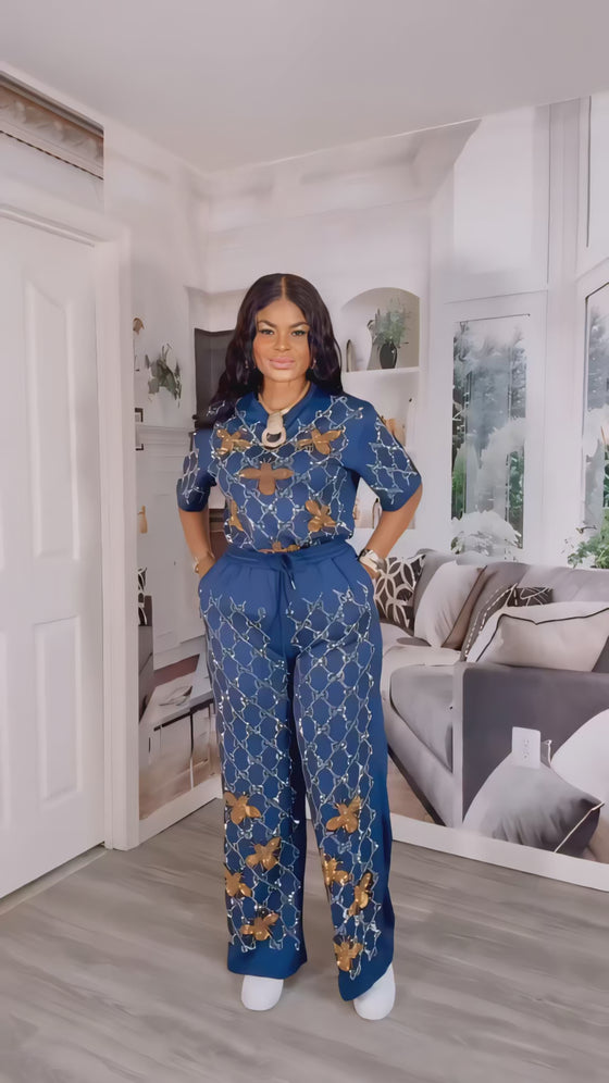 Royal Chain & Bee Rhinestone 2-Piece Set – Navy/Gold