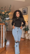 2PCS Rhinestone Top-Denim pant set(BLACK/GRAY)