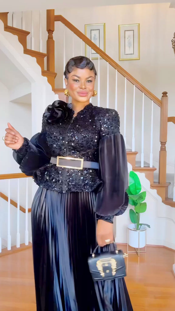 Black Luxe Sequin Peplum Pleated Skirt Set
