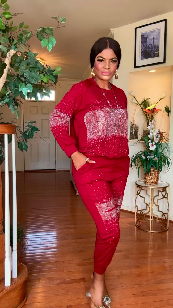 Rhinestone joggers 2piece set(BURGUNDY)