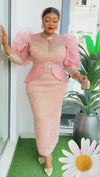 COUTURE PUFFY SLEEVE/MESH DRESS(PEACH/PINK)