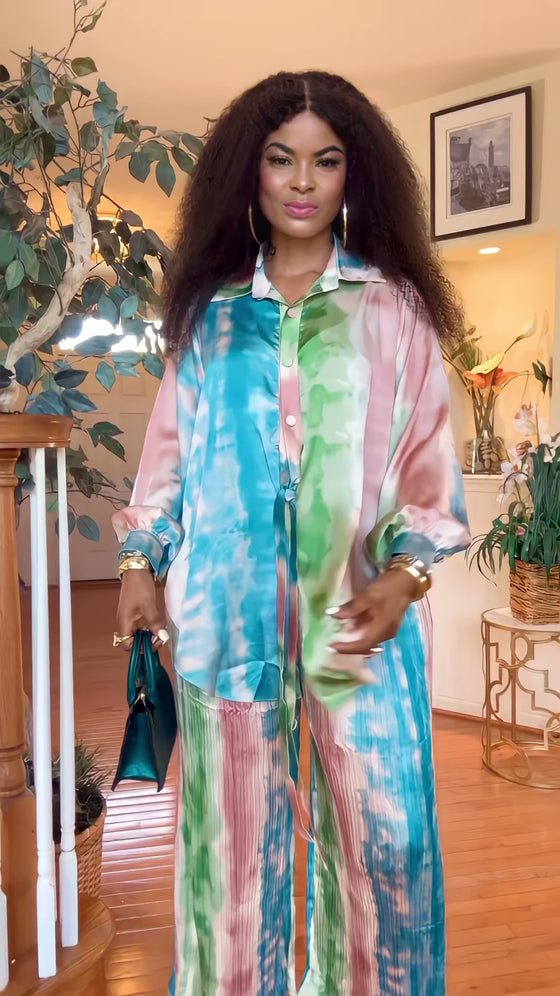 Green Front button-belt top/palazzo pant(PREORDER)