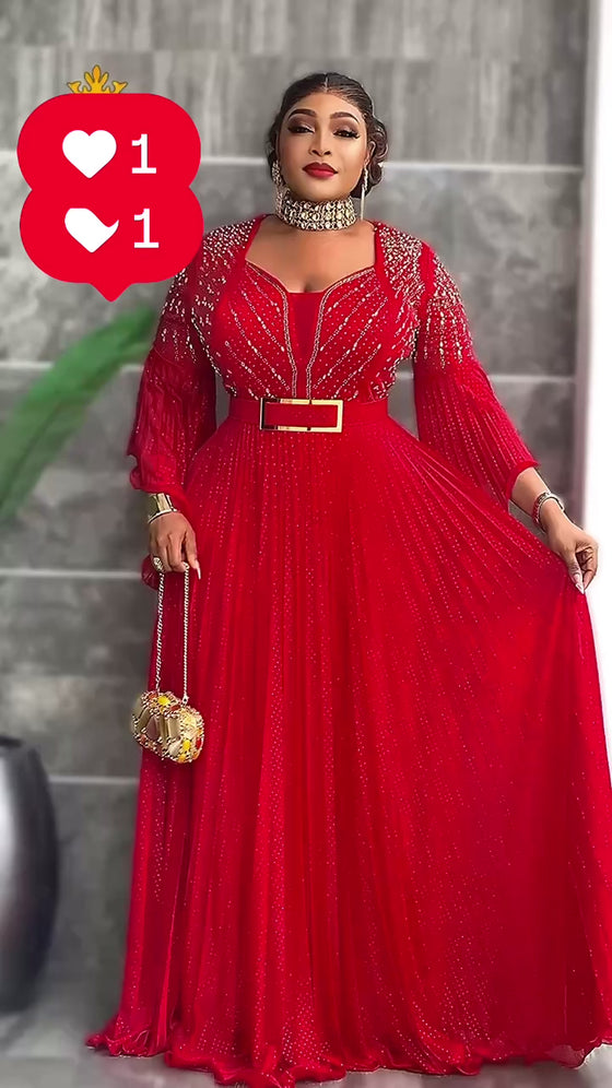 RED Sparkle Luxe Couture Pleated Gown