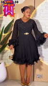 Regal Petal Long-Sleeve Midi Dress(Black)