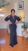 RHINESTONE RUCHED FRONT SLIT MAXI DRESS(BLACK)