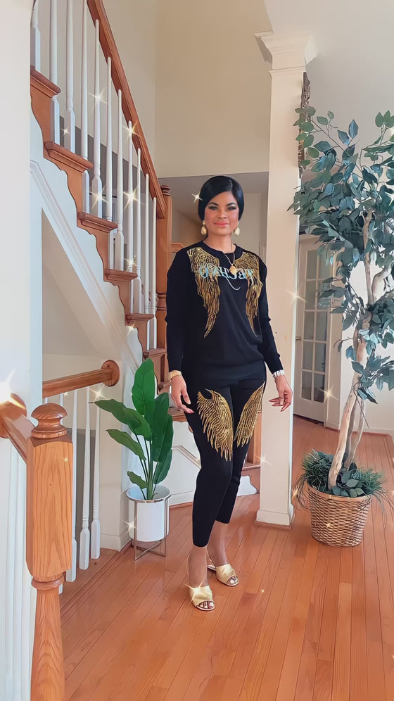 Gold-Black feather rhinestones SWEATER jogger knit set