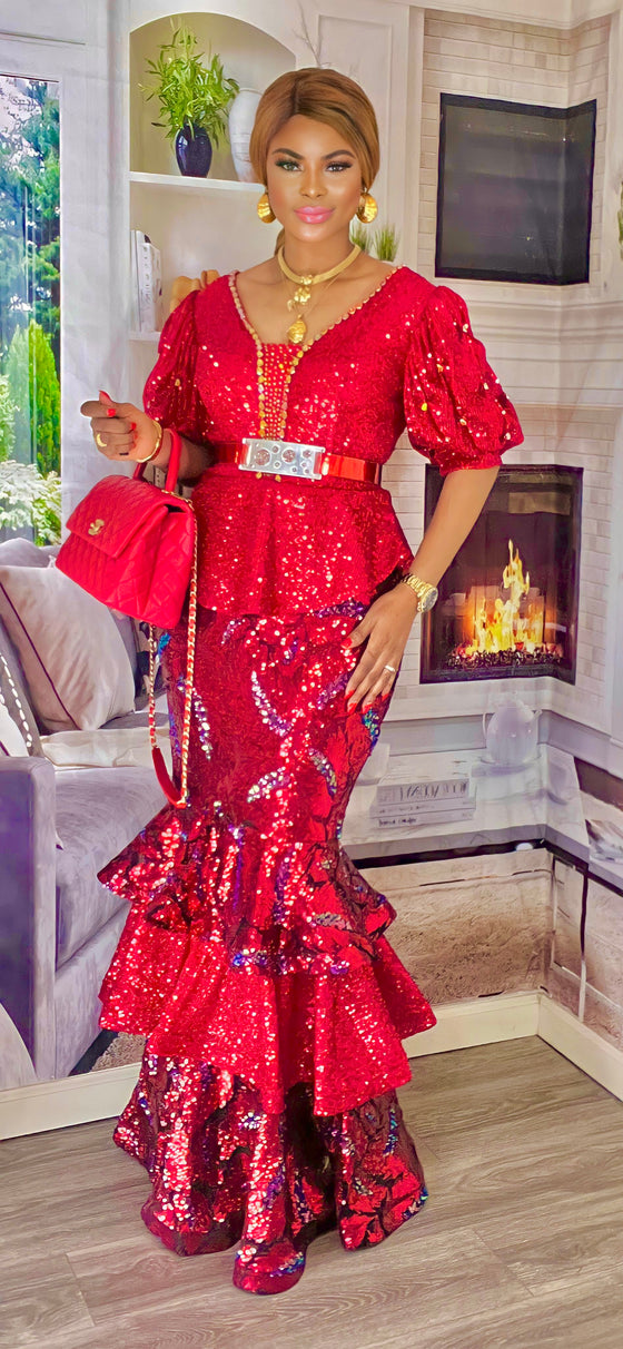COUTURE LUXURY SEQUINS BEADED FLOOR LENGTH DRESS(RED)